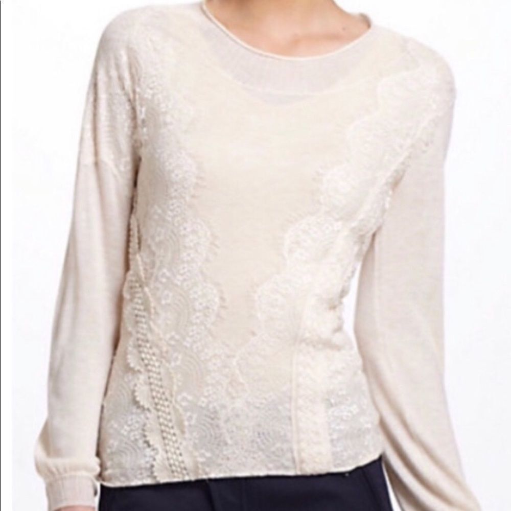 Anthropologie Cream Lace Detail Top - Picture 2 of 7